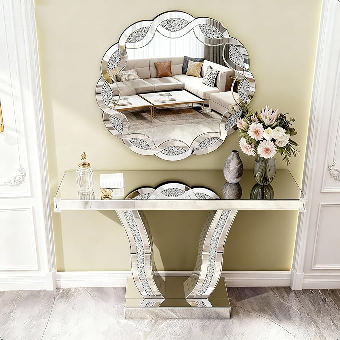SSLine Modern Mirrored Entryway Table with Round Wall Mirror Set of 2 Luxury Silver Mirror Console Table with 31.5" Wave Frame Decor Mirror,Crush Diamond U-Shape Hallway Table for Living Room Entrance