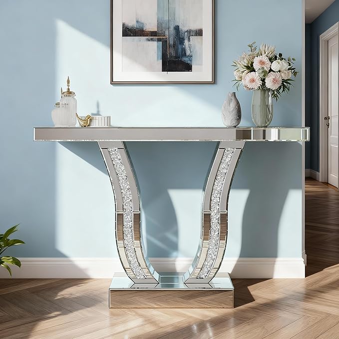 SSLine Modern Mirrored Console Table,43-Inch Silver Mirror Finish Entryway Table with Sparkling Crystal Inlay U-Shape Base Luxury Accent Foyer Tables for Living Room Hallway Entrance