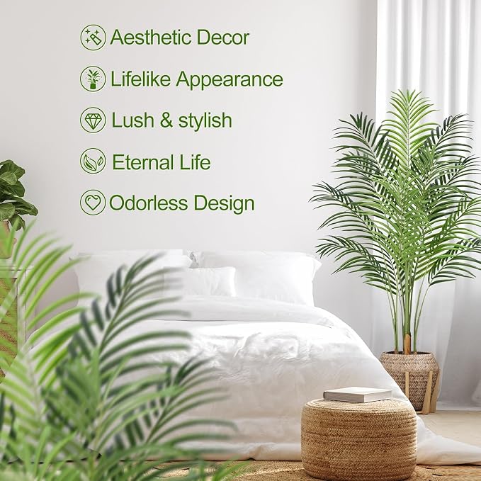 4ft Artificial Palm Tree Indoor Plant Tall Fake Tropical Paradise Palm Tree in Pot with Real Bark Design Faux Areca Palm Tree for Home Office Living Room Bedroom Farmhouse Modern Decor 1pcs