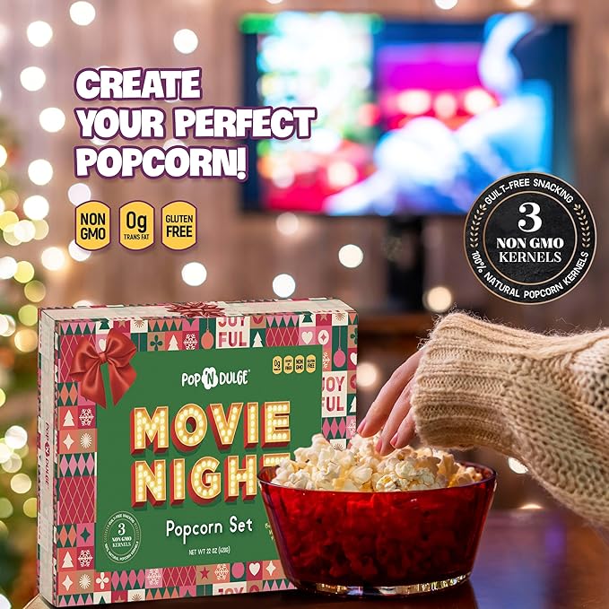 Movie Night Christmas Gifts - Holiday Popcorn Gift Baskets Gift Sets - 5 Non-GMO Gourmet Kernels and 5 Popcorn Flavoring - Perfect Family Gifts ideas for Adults, Couples, Parties, Holidays, or Movie Lovers - 10 Pack