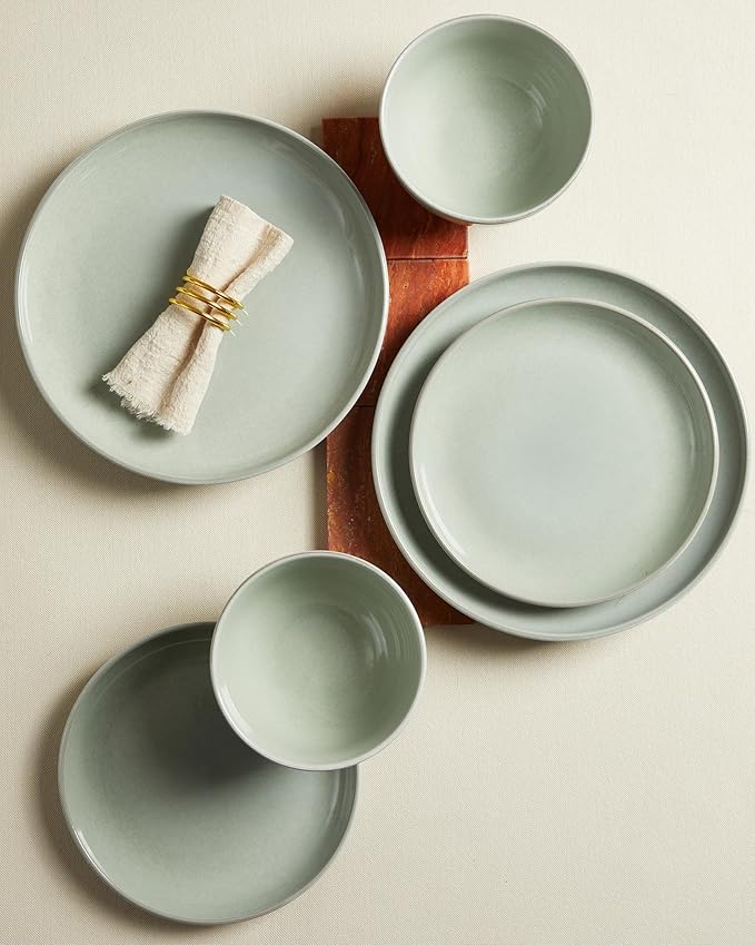 Pokini 18 Piece Dinnerware Set for 6, Reactive Glaze Terracotta Plates and Bowls Set, Large Family-Sized Stoneware Dish Set for Gatherings, Chip and Scratch Resistant, Slate Green
