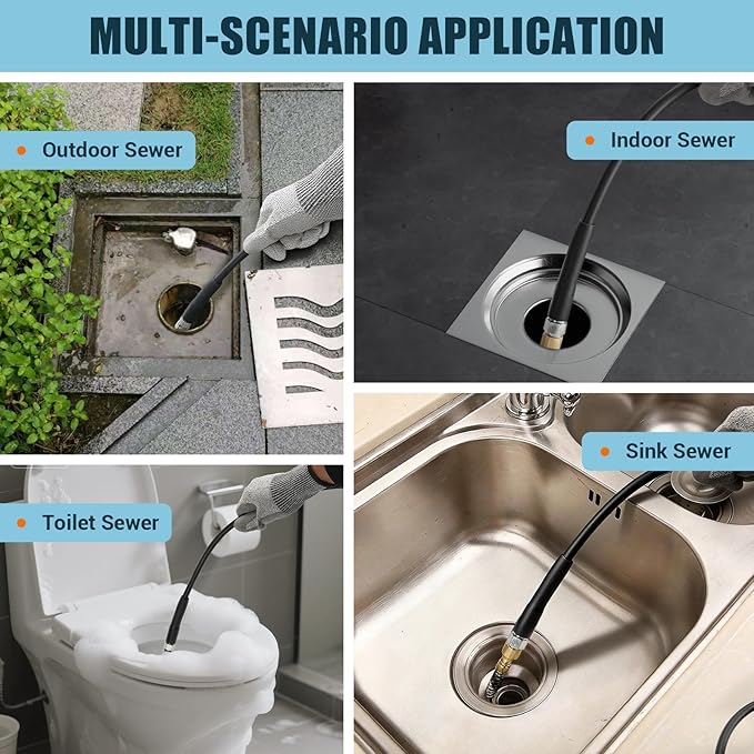 Sewer Jetter Kit for Pressure Washer 100FT, 5800 PSI Power Washer Drain Jetter Cleaner Hose with 1/4 Inch NPT Corner Rotating Nozzle and 4 Different Button Hose Sewer Jet Nozzles Cleaning Sewage Pipes