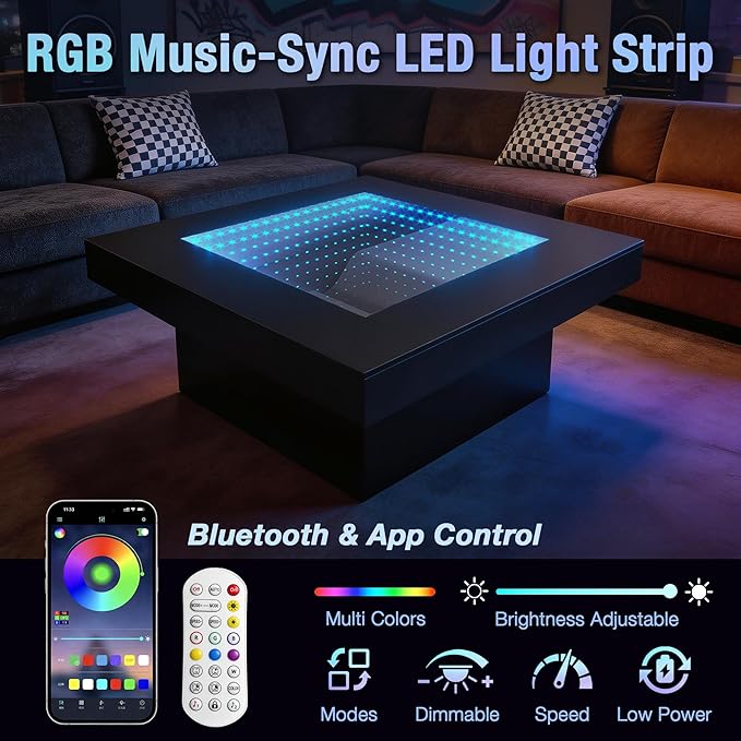 FKWin Black Coffee Table - Endless Depth Morden Square Coffee Table with LED Lights, Mirror Coffee Tables for Living Room, Tempered Glass-Top Center Tables, 31"