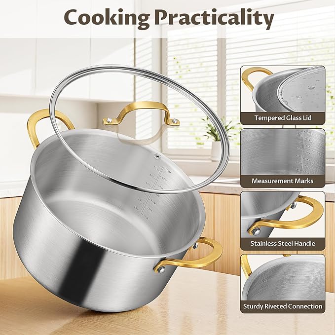 BEZIA 12 QT Stock Pot with Lid, Full Clad Tri-Ply Stainless Steel Soup Pot | Large Induction Cooking Pot, Uncoated & Built to Last, for Festive Seafood Boils, Big-Batch Chilis, and Heavy-Duty Stewing