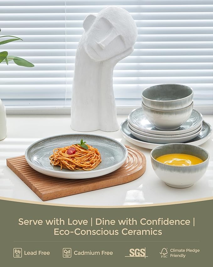Pokini Gradient Green Stoneware Dinnerware Sets, 12 pcs Reactive Glaze Plates and Bowls Sets, Handmade Ceramic Round Dishes Set for 4, Highly Chip and Crack Resistant Modern Plate Set