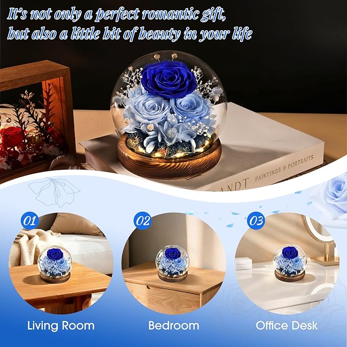 FIACO Gifts for Mom Mothers Day Birthday Gifts for Women Preserved Flowers in Glass Dome Long-Lasting Eternal Roses for Her Grandma Wife Girlfriend Blue Forever Flowers for Delivery Prime Anniversary