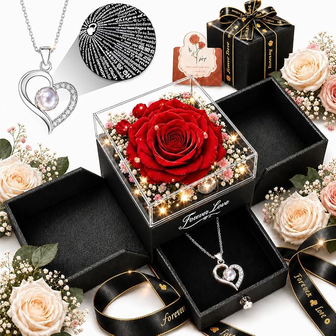 Forever Love Preserved Real Rose with Heart Necklace, Mothers Day Gifts for Mom, Wife, Anniversary Birthday Gifts for Women – Projects “I Love You” in 100 Languages