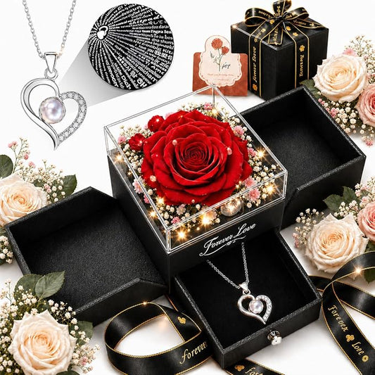 Forever Love Preserved Real Rose with Heart Necklace, Mothers Day Gifts for Mom, Wife, Anniversary Birthday Gifts for Women – Projects “I Love You” in 100 Languages