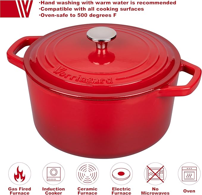 VORRINGARD Enameled Cast Iron Dutch Oven Pot with Lid, for Bread Baking, Round Bread Oven- include Sourdough Bread Baking Supplies Set, 6QT, Red