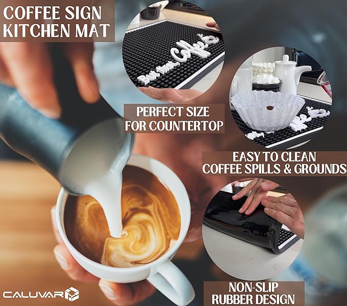 But First Coffee Silicone Bar Mat for Countertop 18x12 in, Coffee Lover Gift, Housewarming Gift, Non-Slip Espresso Machine Mat, Barista Accessories, Bar Decor