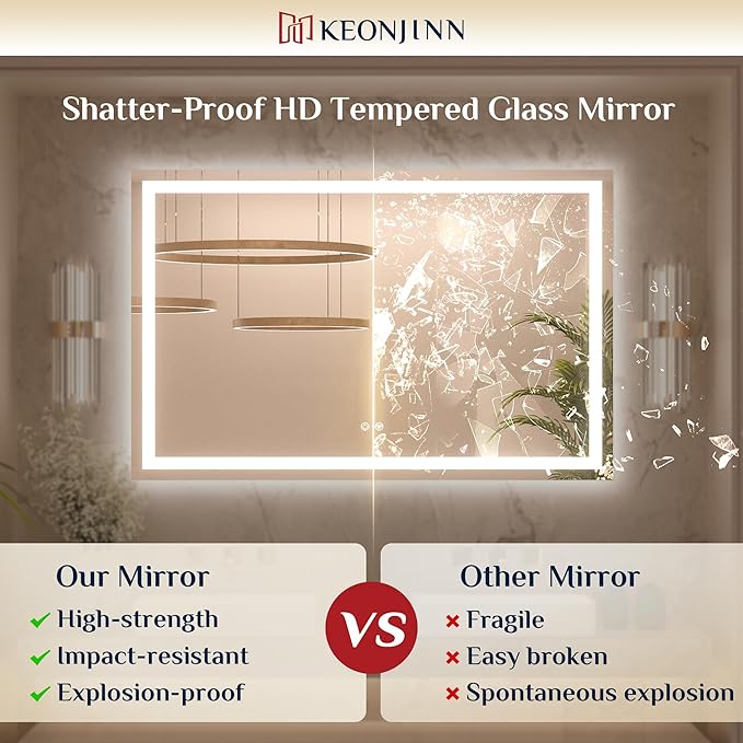 Keonjinn LED Bathroom Mirror 55 ” x 30 ” with Frontlit & Backlit, Lighted Mirror for Bathroom Wall with Dimmable 3-Color Lights, Anti-Fog Mirror with HD Tempered Glass, UL-Listed LED Driver