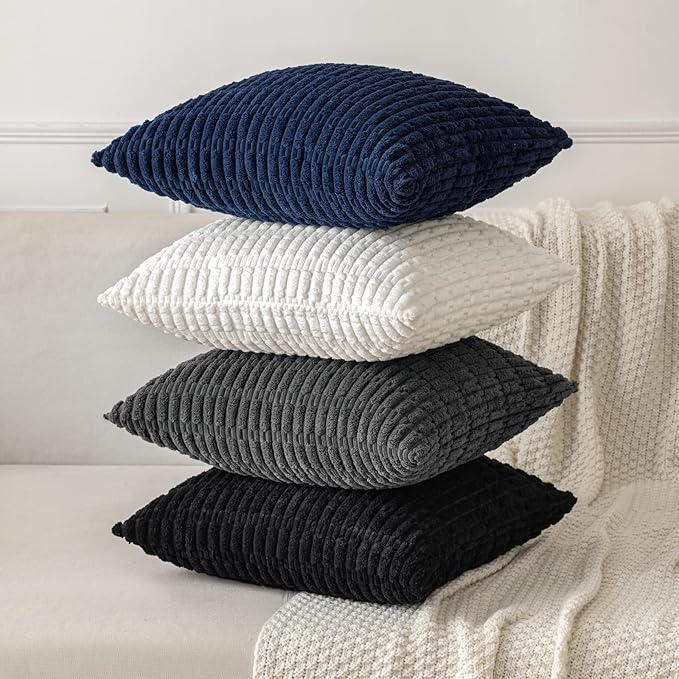 MIULEE Pack of 2 Corduroy Decorative Euro Sham Throw Pillow Covers 22x22 Inch Soft Boho Striped Pillow Covers Modern Farmhouse Home Decor for Summer Coastal Sofa Living Room Couch Bed Dark Blue