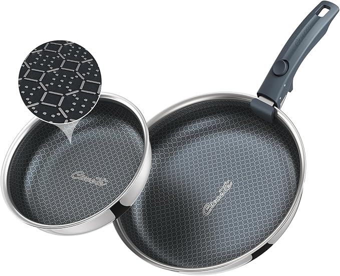 Ciwete Hybrid Non Stick Frying Pans Set 3-Piece, 8 & 9.5 Inch Tri-Ply Stainless Steel Pans Set with Detachable Handle, PFOA Free Kitchen Skillets for All Cooktops, Dishwasher & Oven-Safe Cooking Pan