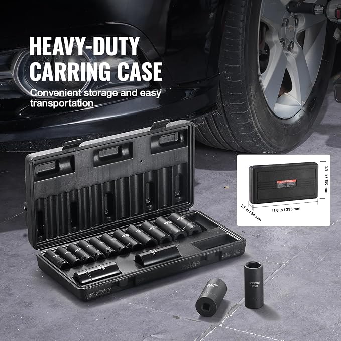 VEVOR 3/8" Drive Impact Socket Set, 15 Piece Deep Socket Set Metric 8-22mm, 6 Point Cr-Mo Alloy Steel for Auto Repair, Easy-to-Read Size Markings, Rugged Construction, Includes Storage Case