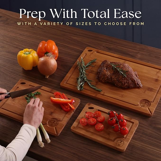 Pre-Oiled, Non Toxic 3-Piece Carbonized Bamboo Cutting Board Set, 500°F Carbonized Technology Eco-Friendly Wooden Chopping Boards for Kitchen with Juice Groove, Charcuterie Serving Boards Deer & Oak