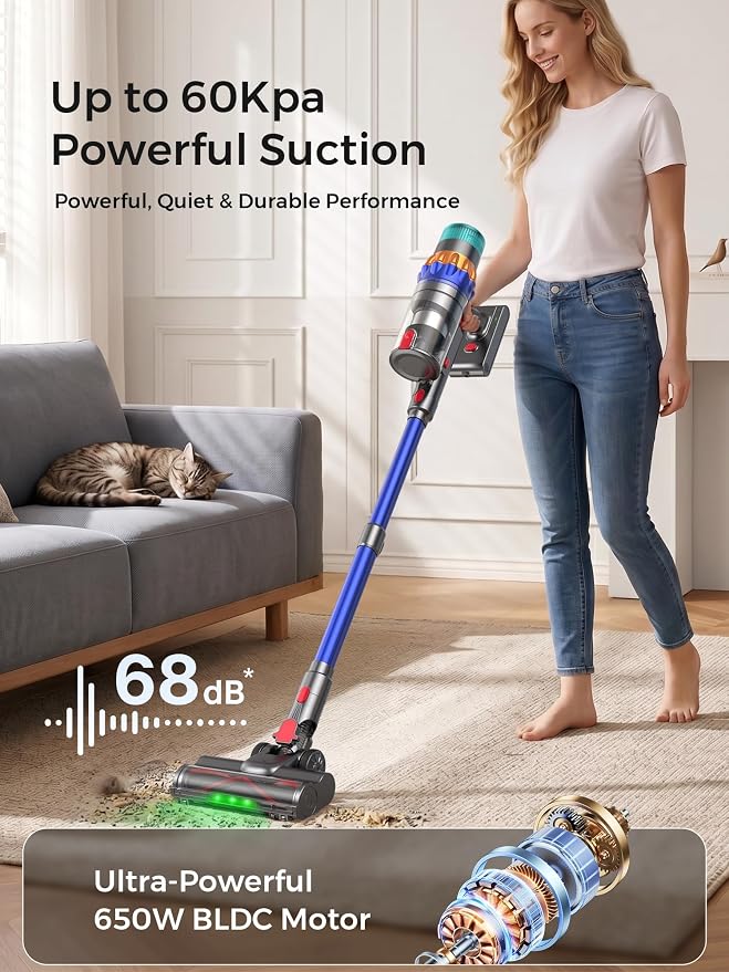 Smart Cordless Vacuum Cleaner, 650W 60KPa 75Min Vacuum Cleaner for Home | 8-in-1 Stick Handheld Vacuum for Pet Hair, Hard Floor, Carpet, Intelligent Auto Mode, Lightweight, Anti-Tangle, Self-Standing