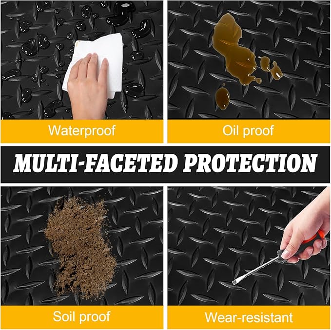 Grandroad auto 10x25 FT Garage Floor Mat, 2.8mm Thickened Flooring Roll for Under Car Diamond Plate PVC Rubber Mat with 20 Pcs Tapes, Non-Slip Floor Mat for Garage, Warehouse, Gyms, Trailer, Black