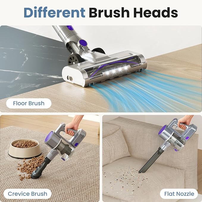 OLIXIS Cordless Vacuum Cleaner, Rechargeable Upright Cleaner with Flexible Steering, Extendable Wand, LED Headlight, 3 Brushes & Wall Mount, Handheld Vacuum for Hardwood Floor Home Cleaning