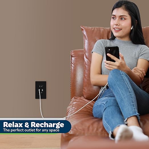 TOPGREENER 2-Port USB Outlet, Type C USB Wall Outlet, 15 Amp Tamper Resistant Receptacle Plug, USB Outlets Receptacles, Wall Plate Included, UL Listed, TU21536AC-BK-2PCS, Black, 2 Pack