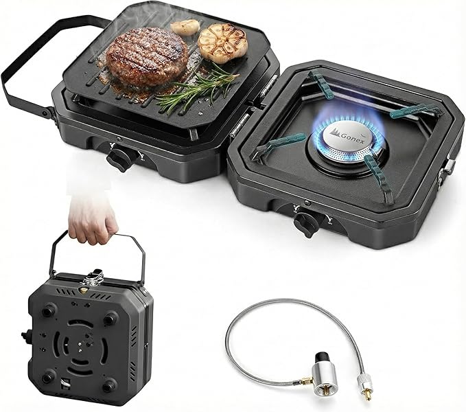 Gonex 2 Burner Propane Camping Stove with Griddle & Grates, Portable Foldable Cooking Stove with Total 16,000 BTU, Two Piezo Ignition Adjustable Burners for Camping, Patio, Emergency, Hiking (Black)