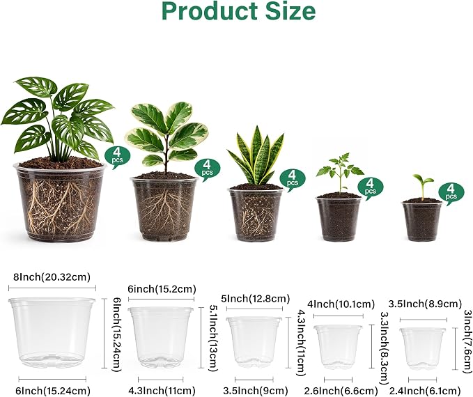 Bluepro Clear Nursery Pots with Drainage, 3.5/4/5/6/8 Inch, 20-Pack | Clear PET, 4 Each of Five Sizes, Root and Moisture Visibility, Flexible, Reusable, Seed Starting Through Repotting