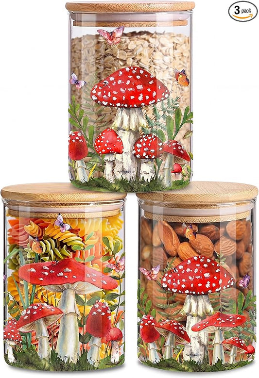 Mushroom Clear Glass Storage Jar with Airtight Lid, Food Canister for Kitchen Countertop, Coffee Tea Sugar Cookie Spice Home Kitchen Organizers 3 Pack