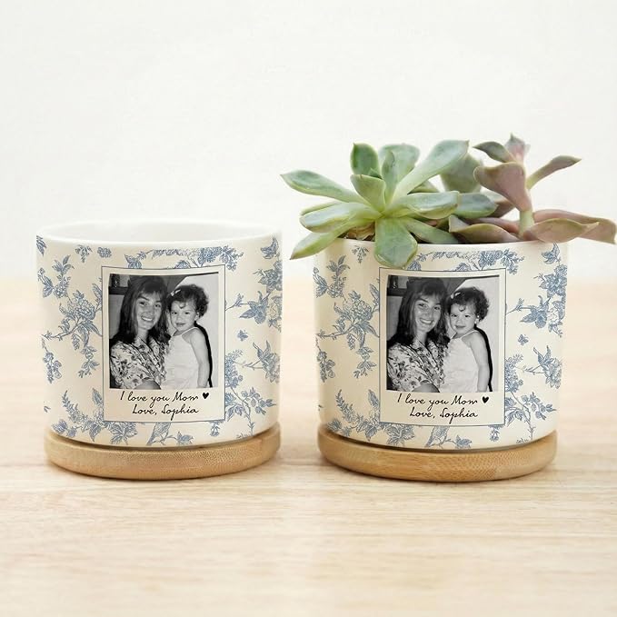 Personalized Mom Portrait Toile De Jouy Plant Pot, Custom Mom Photo Planter, Gift from Daughter, Grandma Gifts, Mama Gift