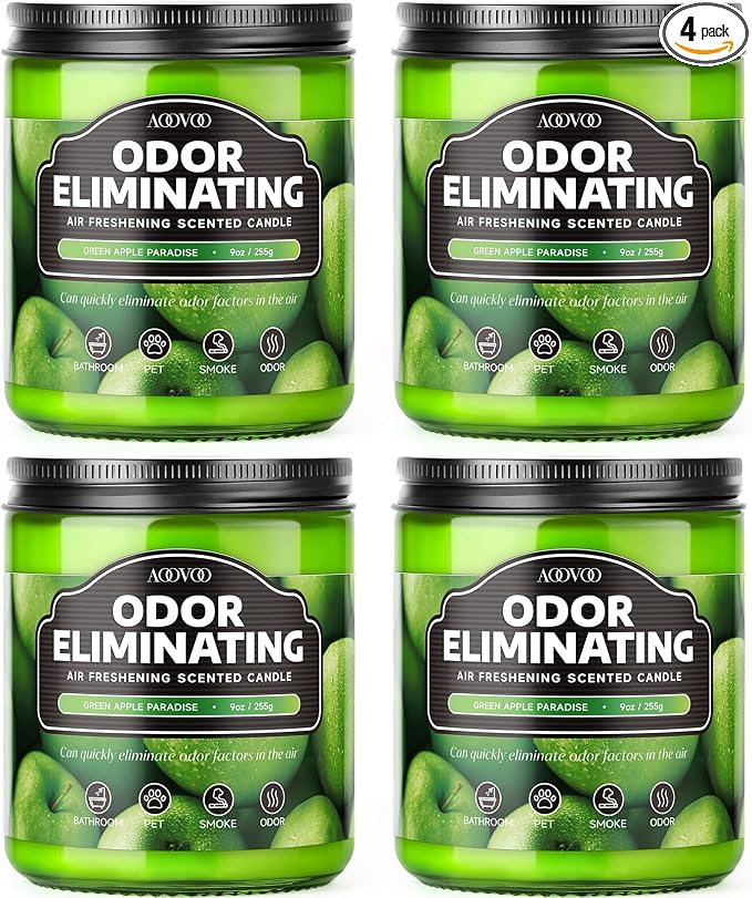 AOOVOO 4 Pack Green Apple Odor Eliminating Highly Fragranced Candle - Eliminates 95% of Pet, Smoke, Food, and Other Smells Quickly, Non Toxic Air Freshing Soy Candle