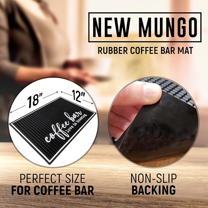 New Mungo Coffee Bar Mat – “Love Is Brewing” – Spill-Proof PVC Coffee Station Mat, Non-Slip Countertop Protector 18"x12"