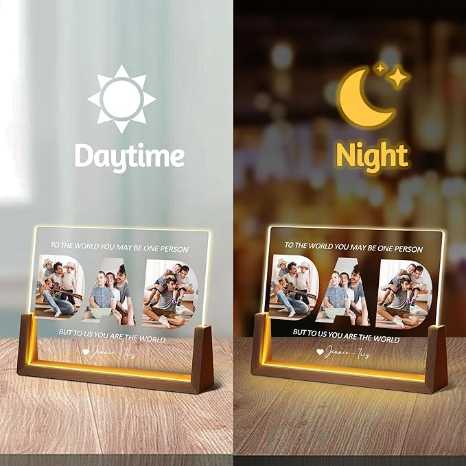 Fathers Day Birthday Personalized Gifts For Dad From Daughter Son Kids Wife, Custom Acrylic Plaque Picture Frame Night Light With Photo Name, Customized Christmas Gifts For Dad Papa Husband Men