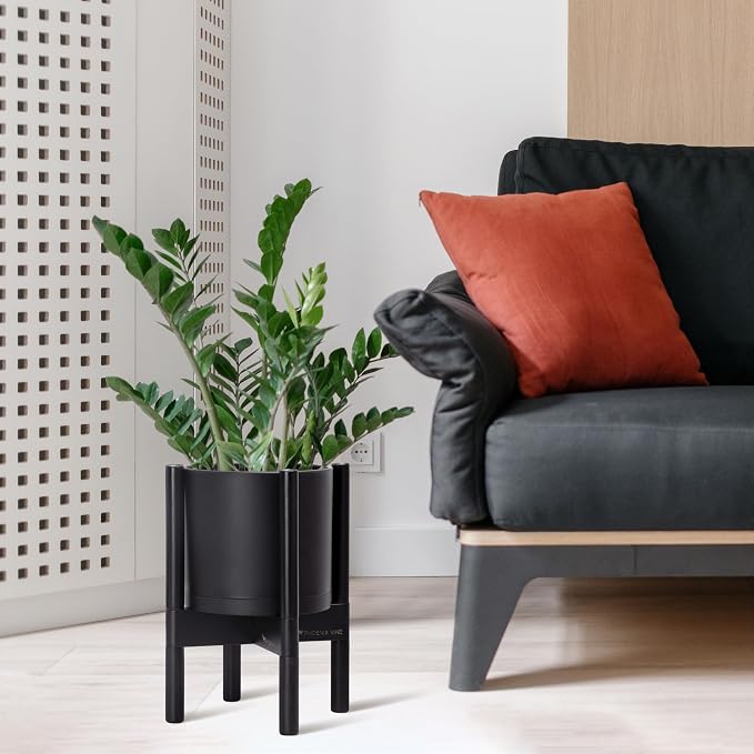 D'vine Dev Plastic Pot with Ebony Wood Stand, Black, 8 in, 55-C-K-2 | Mid-Century Inspired Design, Elevated Plant Display, Clean Lines, Sturdy Support, Modern Space-Saving Style