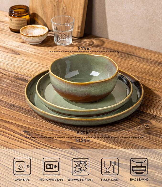 TheTerra Ceramic Dinnerware Sets for 4, 12 Pieces Handmade Reactive Glaze Plates and Bowls Sets, Scratch Resistant Dish Set, Oven & Microwave & Dishwasher Safe, Brown Green