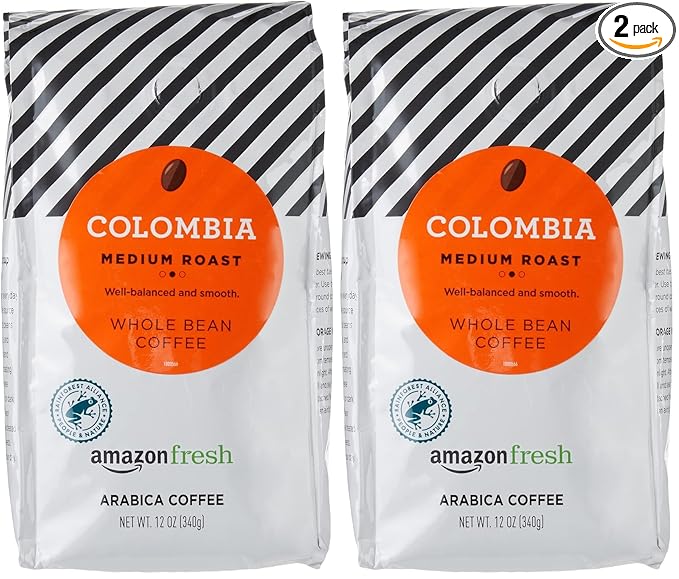 Amazon Fresh Colombia Whole Bean Coffee, Medium Roast, 12 Ounce (Pack of 2)