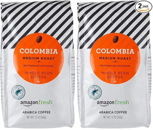Amazon Fresh Colombia Whole Bean Coffee, Medium Roast, 12 Ounce (Pack of 2)