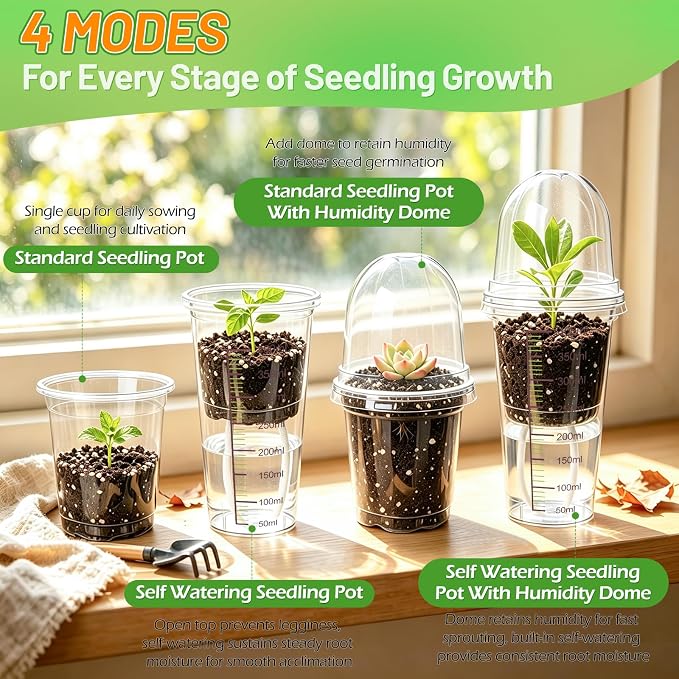 30 Pack 3.5" Self Watering Propagation Pots, Seed Starter Cups with Dome | Large Dual-Layer Clear Pots, Vent Dome, Self-Watering Reservoir, For Cuttings & Seedlings, 30 Plant Labels Included