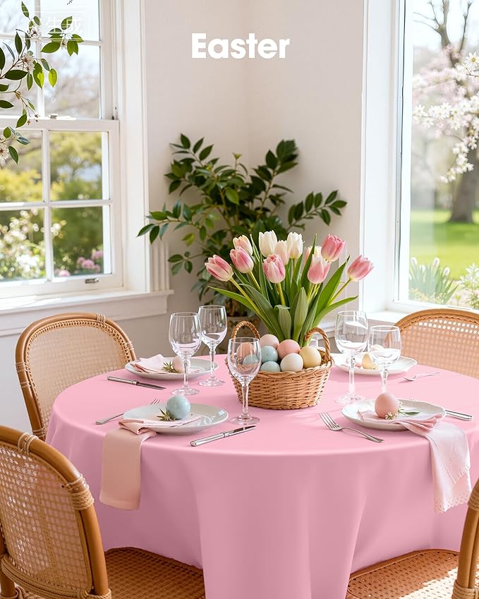 Pureegg Plastic Table Cloth Disposable 20 Pack, 84'' Round Table Cloths, Easter Party, Valentines, Mothers Day Decorations, Tablecloths, Round, Pastel Plastic Cover, Leakproof & Sturdy, Pink