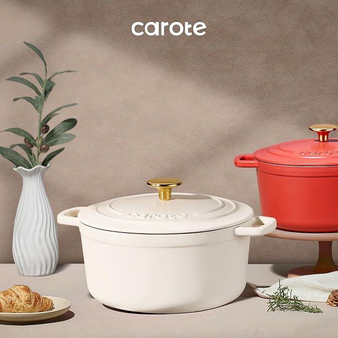 CAROTE 7QT White Enameled Cast Iron Dutch Oven Pot with Lid | Sourdough Bread Baking, Braising, Stews, Roasting, Healthy & Non-Toxic, Dual Handles, Oven Safe up to 500° F