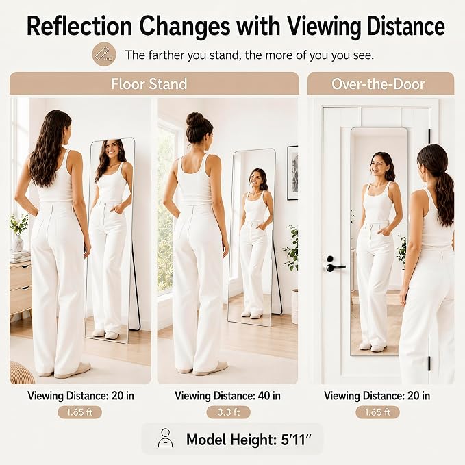 SCWF-GZ 57x20 Full Length Mirror Over The Door Hanging, Floor Stand/Wall Mounted Aluminum Alloy Frame Dressing Mirror for Bedroom Living Room 57 inch Silver