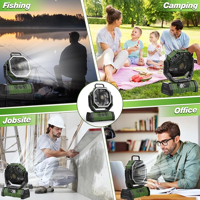 20000mAh Rechargeable Camping Fan, Auto-Oscillating Portable Fan for Camping with Remote & LED Lantern, 4 Speeds Battery Powered Fan with Hanging Hook & Timer for Tent, Travel, Outdoor, Home, RV
