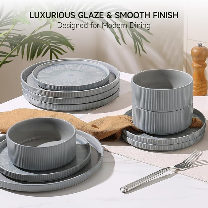 Dinnerware Sets for 4, Ceramic Plates and Bowls Set 12 Piece Dinnerware Chip Resistant Stoneware with Advanced Inkjet Printing Technology, Dishwasher and Microwave Safe-Smoky Blue
