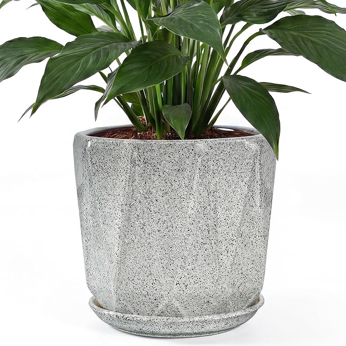 10 Inch Ceramic Plant Pot with Drainage Hole Mesh Net, Large Flower Pots for Indoor Plants with Saucer, Gardening Pots Outdoor (Gray-dot)