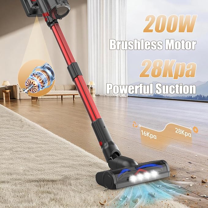 Cordless Vacuum Cleaner for Home Lightweight Anti-Tangle Brush | 500W Powerful Suction, 3 Suction Modes, Touch Screen, LED Light, Stick Vacuum for Home Pet Hair Floors Car Carpets Dorm