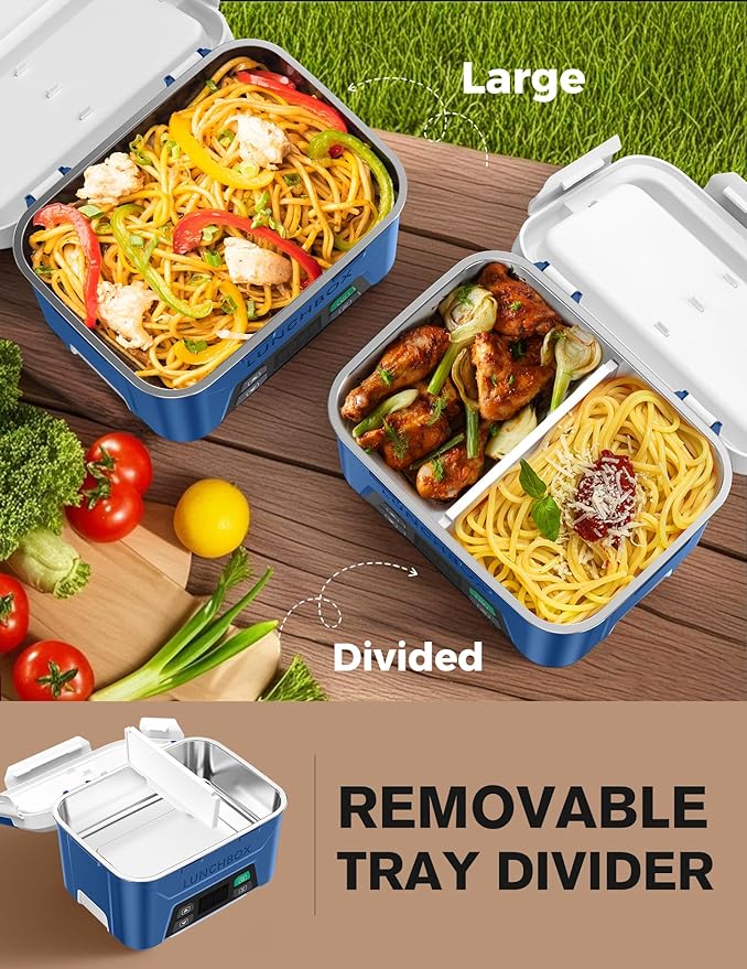 EAST OAK Cordless Electric Lunch Box for Adults, Heated Lunch Box Battery Powered with Automatic Heating, 5.5 Cups Self Heating Lunch Box Cordless with Removable Tray Divider