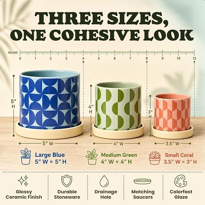 Original Earthlings Ceramic Plant Pots - Flower Pots with Drainage Hole & Saucer, Handmade Flower Vase, Colorful Decorative Planters for Indoor Plants, Succulent, Home Decor - Set of 3 (5", 4", 3.5")