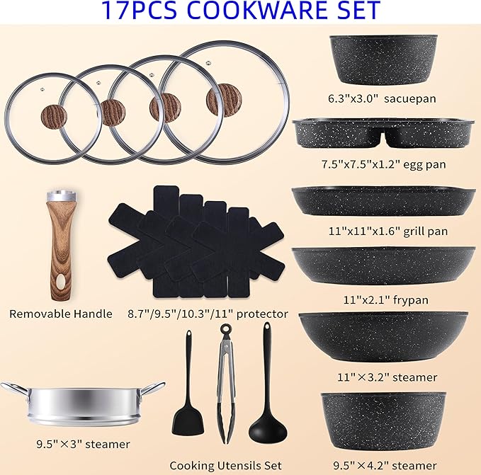 Simple Deluxe 17Pcs Ceramic Cookware Set, Nonstick & Non-Toxic Healthy Pots and Pans, Heat-Resistant Handles, Induction Cookware Sets with Frying Pans, Black