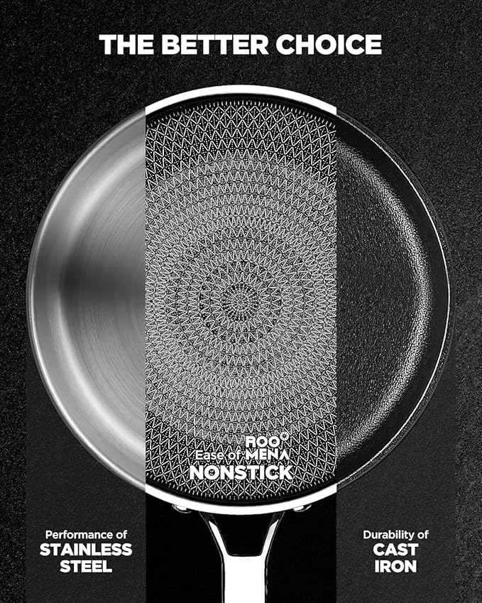 Frying Pans Non Stick, Hybrid Ceramic With Lid, 12 Inch Tri-Ply Stainless Steel Skillet, Non-Toxic, PFAS/PFOA/PTFE Free, Metal Utensil Safe, Dishwasher & Oven Safe