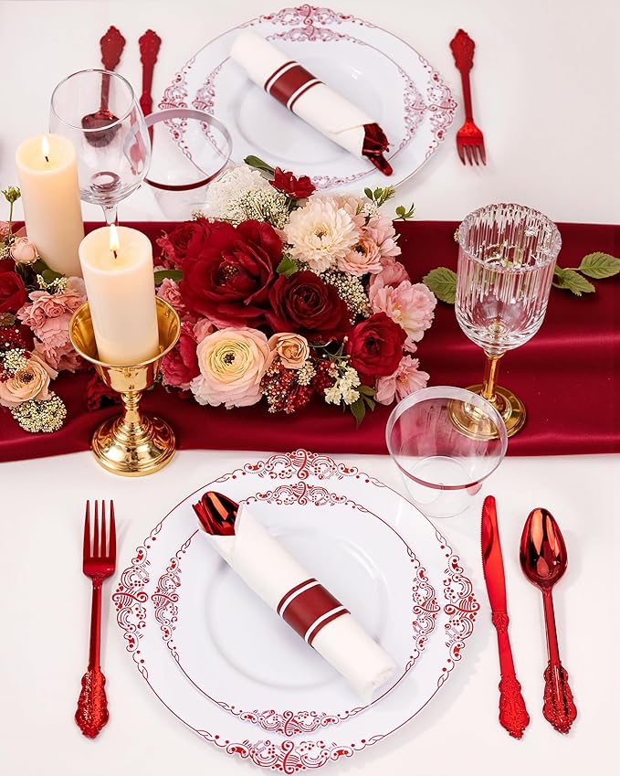Nervure 350PCS Red Plastic Plates - White Red Plastic Dinnerware Set for 50 Guests - 100 Red Disposable Plates, 50 Pre Rolled Cutlery Set, 50 Cups Perfect for Wedding & Party & Mothers Day