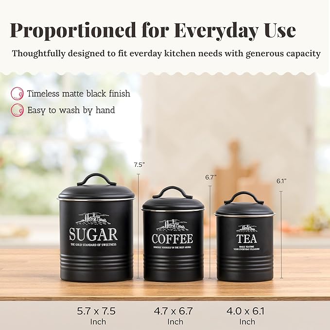 noonberry Kitchen Canisters for Countertop – 3-Piece Airtight Kitchen Canister Set – Sugar Coffee Tea Containers for Kitchen Counter – Matte Black Finish