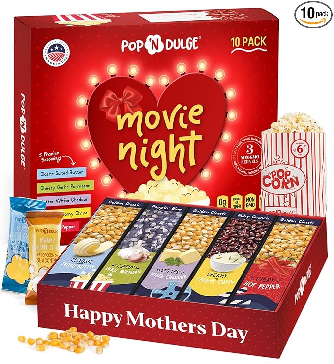 Mothers Day Gifts Movie Night Popcorn Gift Set, Mothers Day Gifts For Wife, 10 Piece Set, 5 Gourmet Popcorn Kernels and 5 Popcorn Seasoning Flavoring, Kosher, Non-GMO Movie Night Gift Baskets Gift Idea For Mom, Wife, Daughter