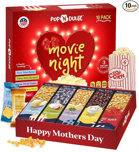Mothers Day Gifts Movie Night Popcorn Gift Set, Mothers Day Gifts For Wife, 10 Piece Set, 5 Gourmet Popcorn Kernels and 5 Popcorn Seasoning Flavoring, Kosher, Non-GMO Movie Night Gift Baskets Gift Idea For Mom, Wife, Daughter